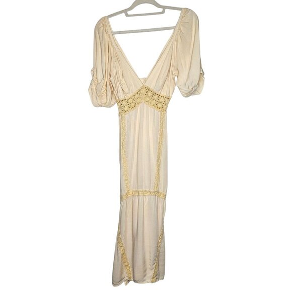 Jens Pirate Booty Rio Panorama Midi Dress in Rio Sunrise Beige Crochet Trim S - Picture 2 of 15
